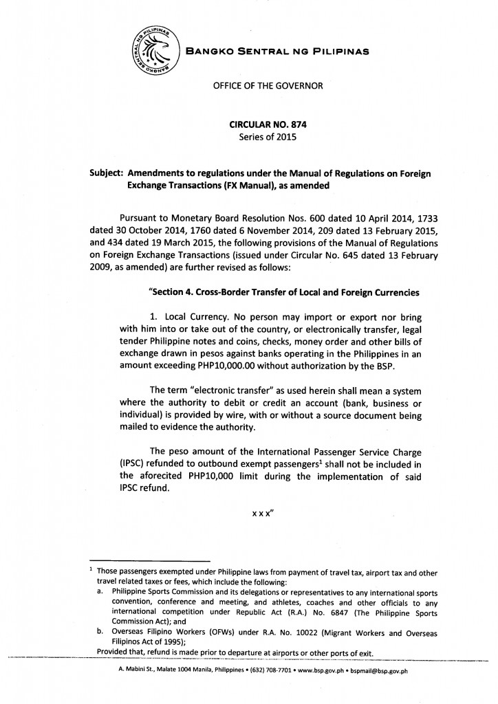 BSP Circular No. 874: Amendments to regulations under the Manual of ...