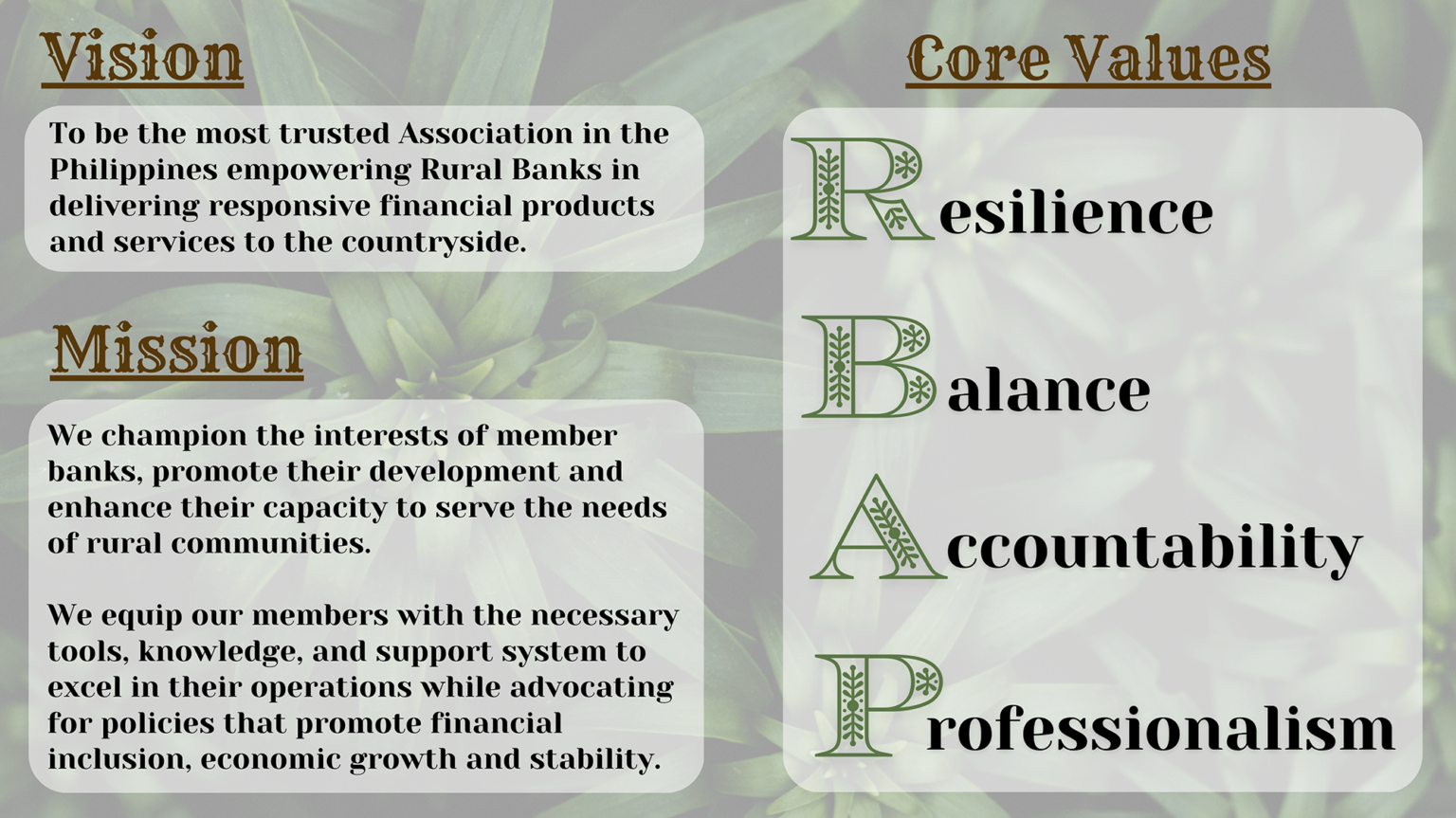 Vision, Mission and Core Values - Rural Bankers Association of the ...